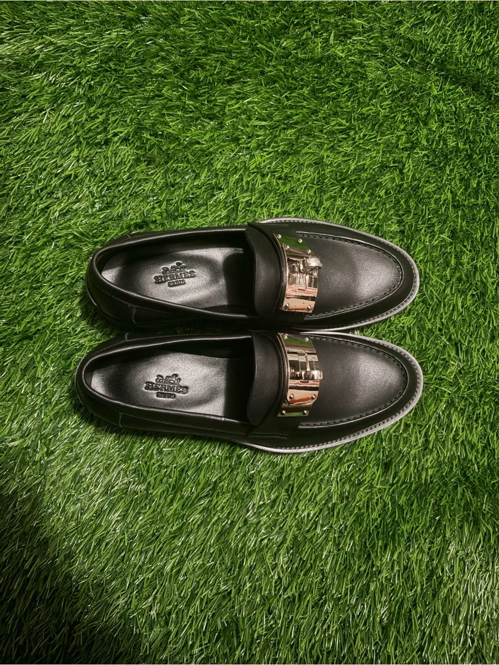 Hermes Black Leather Men's Loafers with Gold Hardware